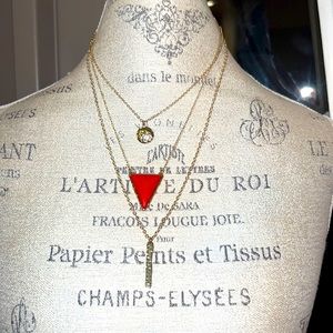 3-tiered gold metal necklace orange triangle  stone & other charms jewelry women